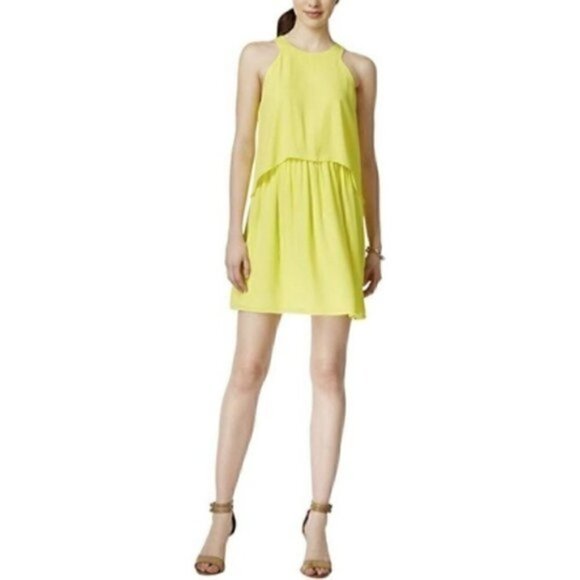 Bar III Dress S NWT Macy’s Yellow Popover Electric Citron Keyhole - Picture 1 of 11